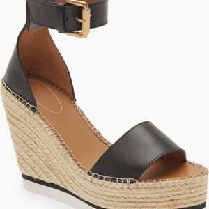 See By Chloe Black Leather and Tan Woven Espadrilles